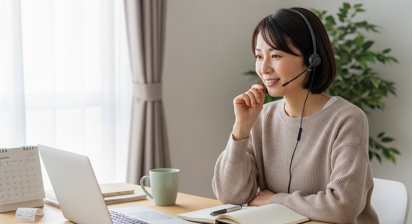 日本人女性がAIに質問している場面