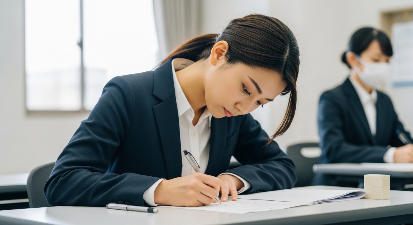 生成AI試験の禁止事項を学ぶ日本人女性