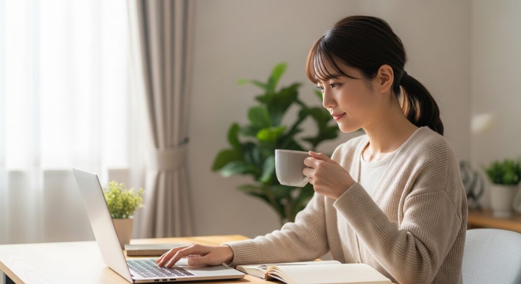 日本人女性が在宅で副業を始める様子