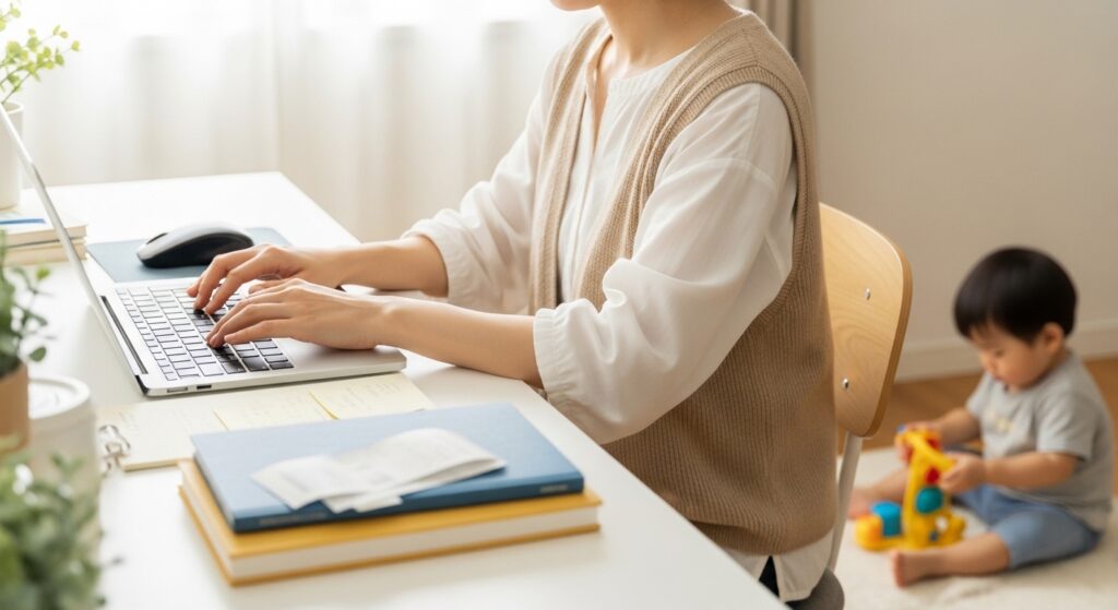専業主婦がお小遣い稼ぎの手段を比較しながら在宅で副業選びを考えている女性起業イメージ