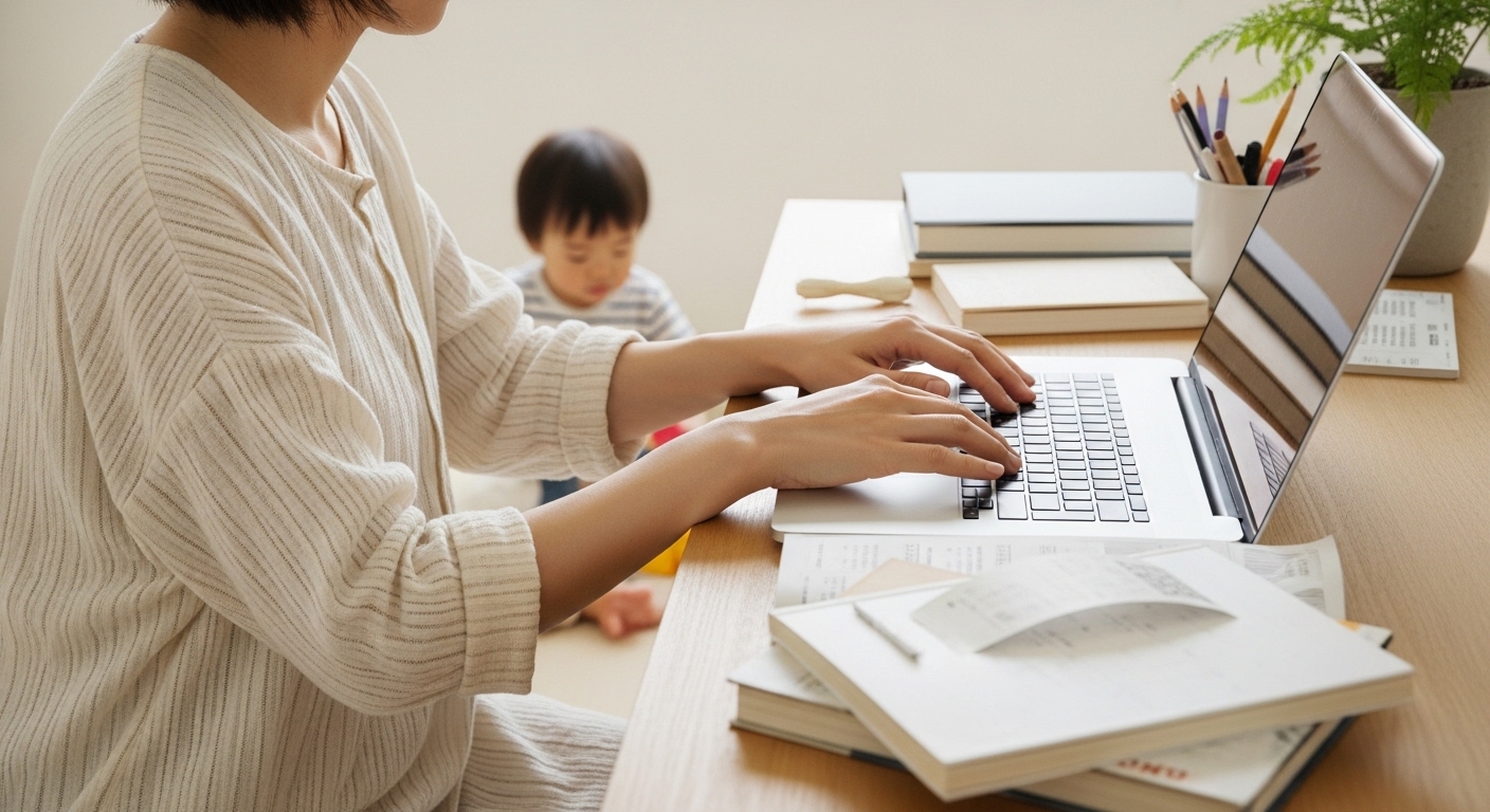 アフィリエイトサイト作り方の情報を調べる女性が、運営方針やテーマ選定を進める様子を表すイメージ画像