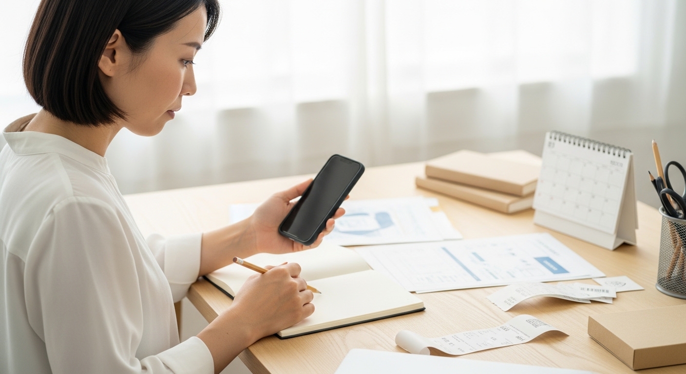 楽天アフィリエイトの成果が伸びず原因を調べながら、改善策を考える女性マーケターのデスク風景