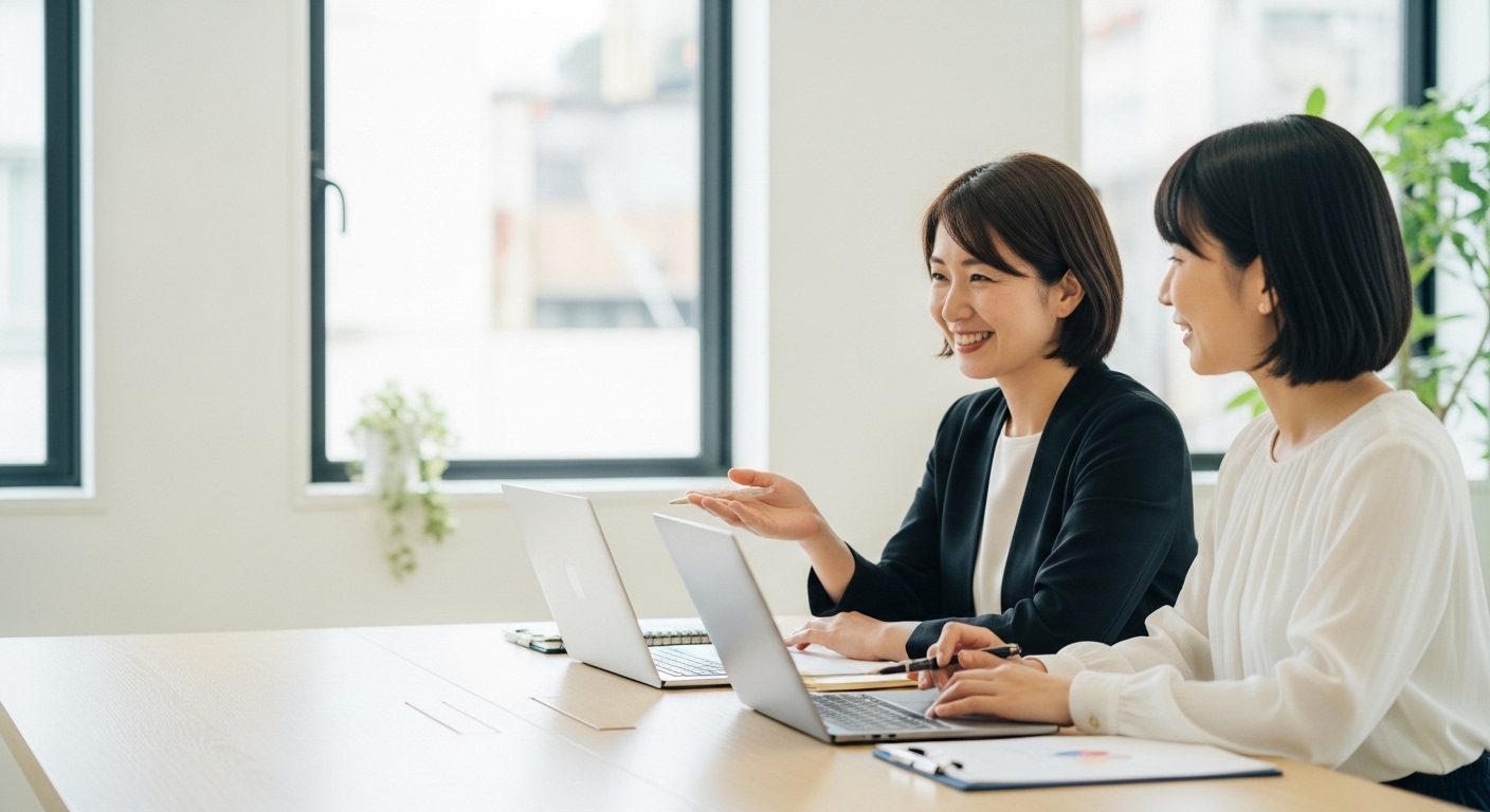 noteとWordPressで同じ記事を発信しながら集客と収益化の違いを分析する女性起業家のイメージ