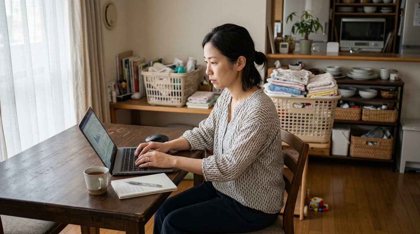 ママ起業の理想と現実を見つめ直しながら、子育てと仕事の両立に向けてPC作業を進める女性の姿