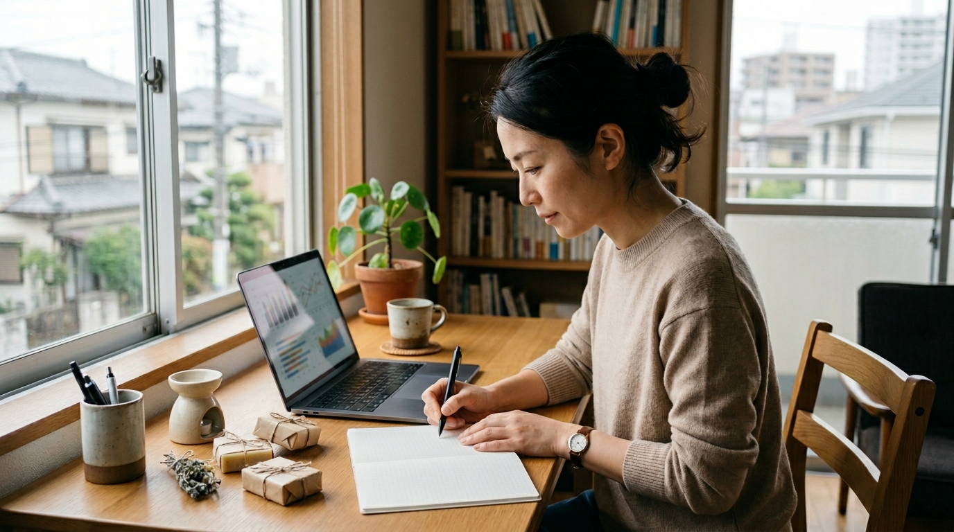 主婦起業の成功例をヒントに、自宅でノートPCを使いながら前向きに働く女性をイメージした画像