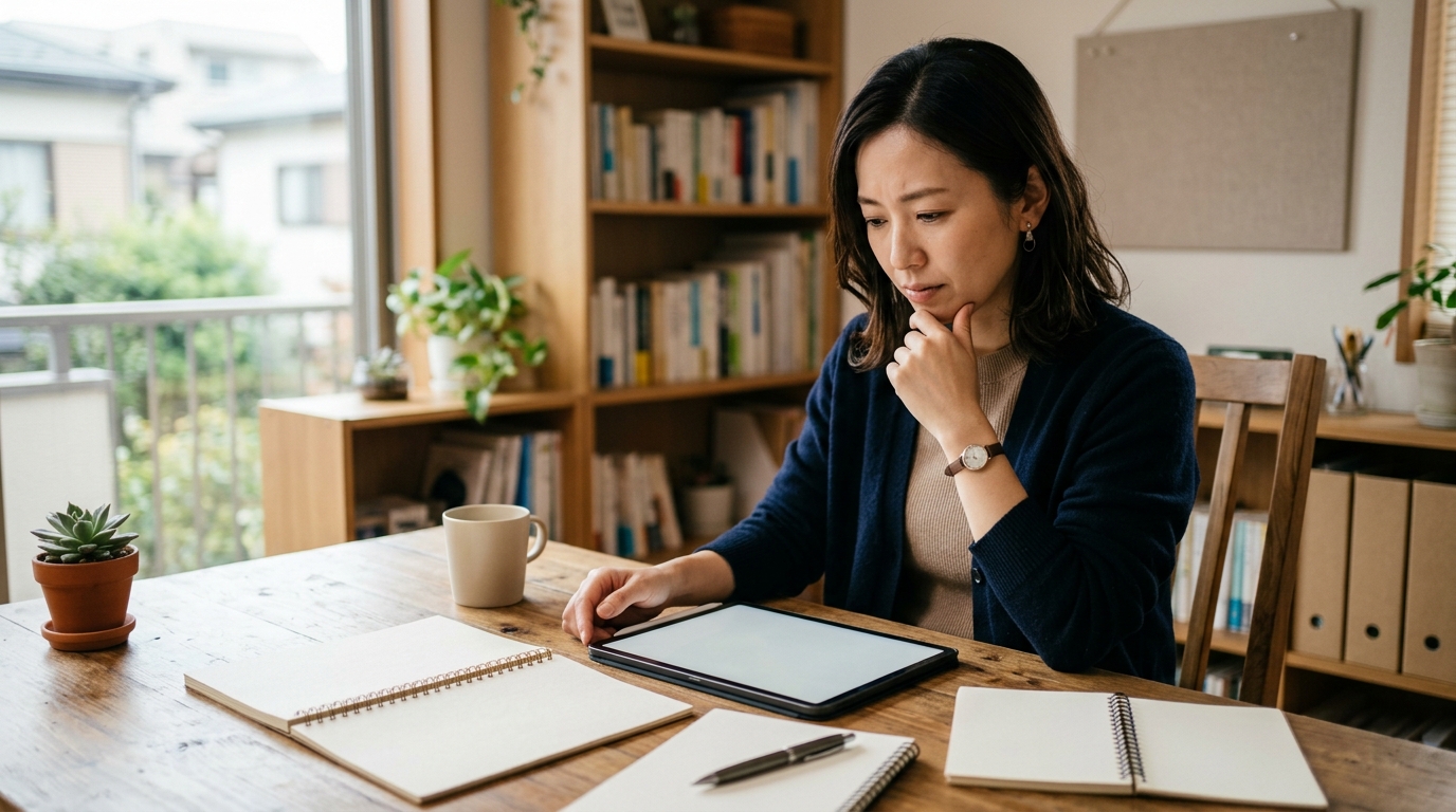 Freepikの商用利用ルールや無料プランの落とし穴を学びながら、資料を整理する女性起業家のデスク風景
