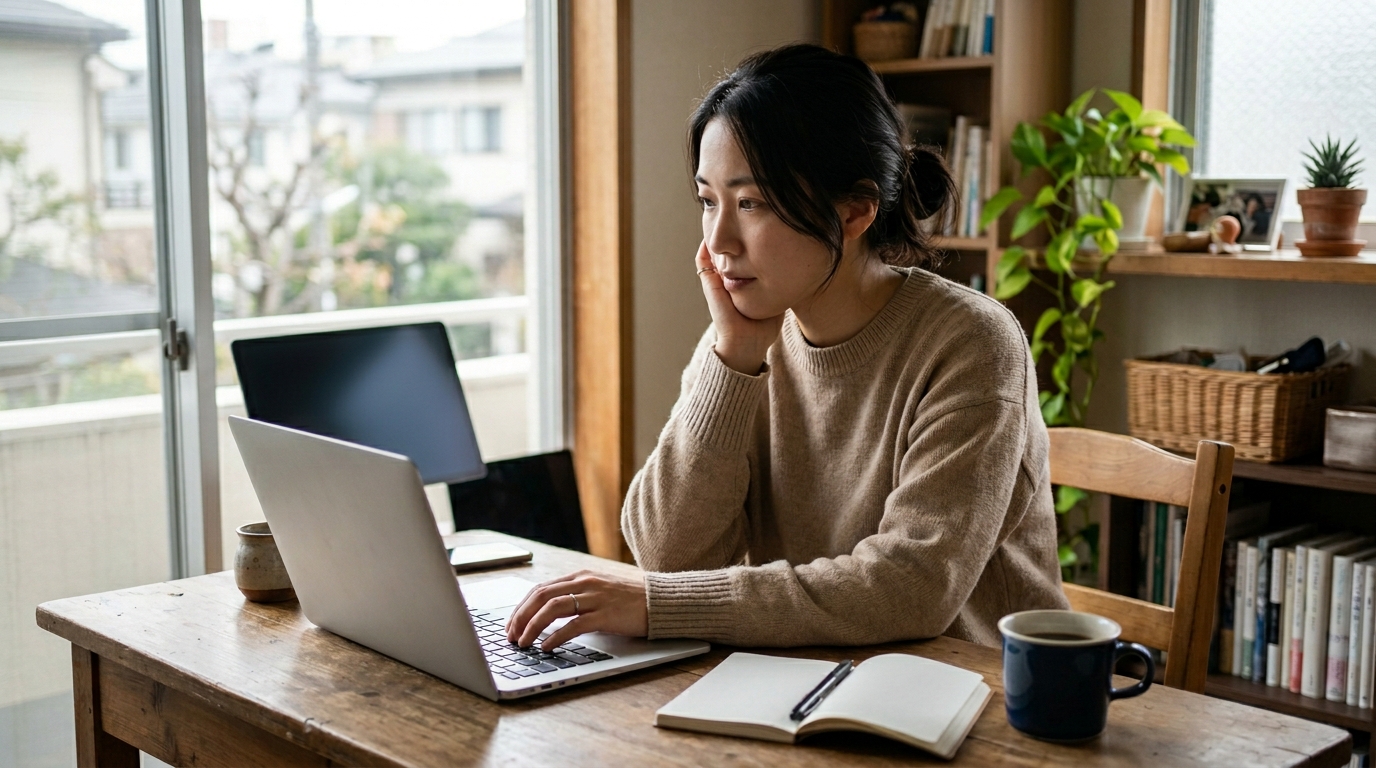 女性起業を意識しながら、日記ブログを無理なく続けるコツや収益化との違いを考える女性の姿