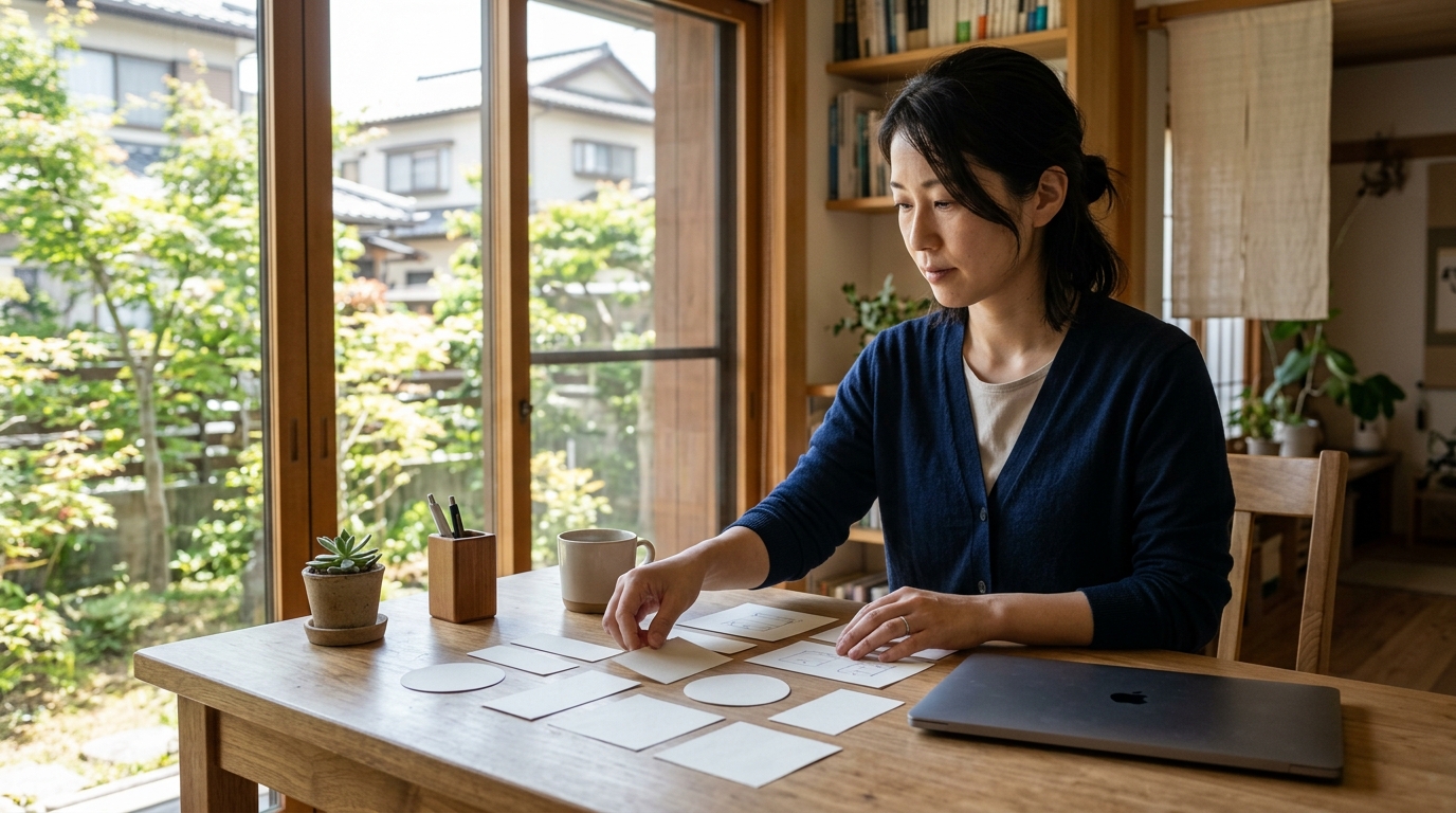 SWELLヘッダーバーのカスタマイズ方法を学びながら自分のサイトを整える女性を表すイメージ画像