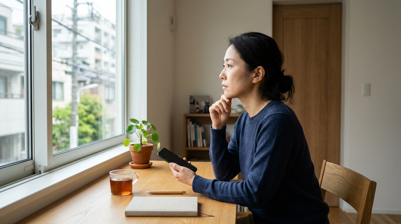 ミスアカデミーはやばいという評判の真偽を確認するため、資料を見ながら受講を検討する女性のイメージ