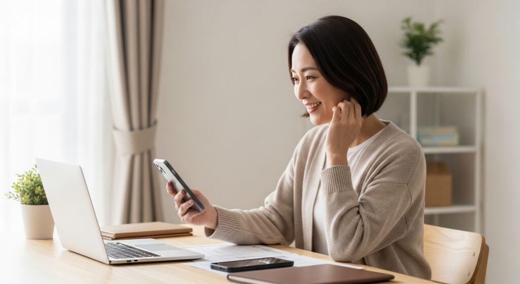 主婦がワードプレスでブログを始めるために自宅で準備を進める様子を表すイメージ画像