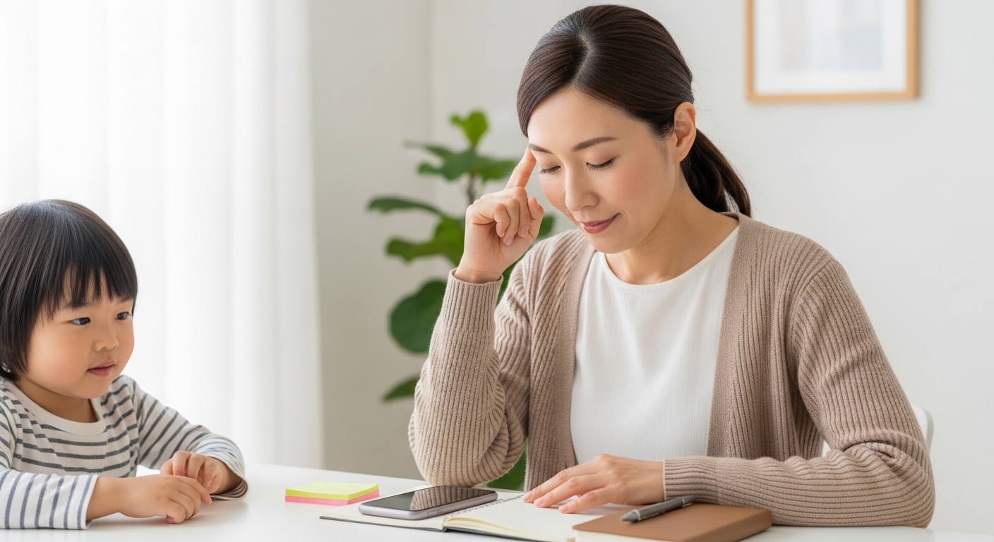 フリーランスママの働き方について考え、育児の合間に収入管理や仕事選びを進める女性を表したイメージ画像