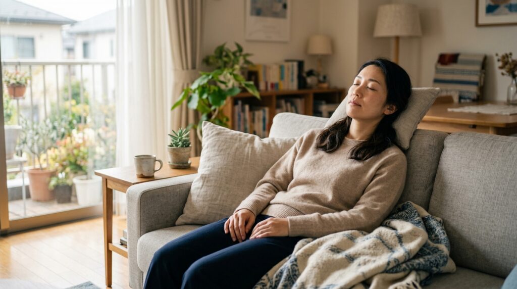 自宅でくつろぎながら副業ブログのキーワード選定を考える女性起業家を表すイメージ画像