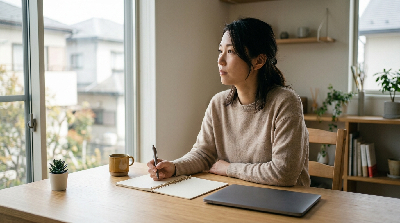 ストック型副業にAIを活用する方法を学び、効率的な運営や継続収益の仕組み化を進める女性のイメージ