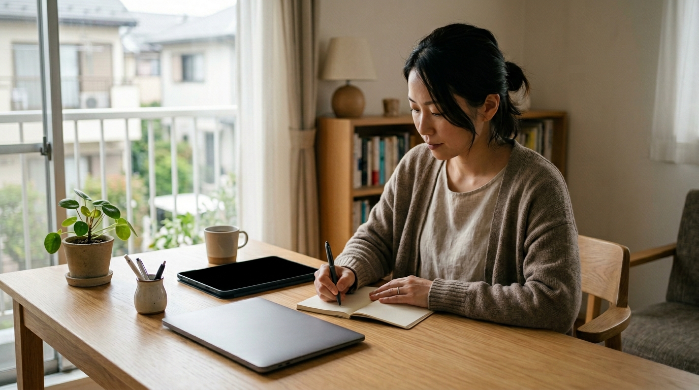 アフィリエイトブログ自動生成とはを理解するため、AIを活用したブログ運営を進める女性起業家を表すイメージ画像