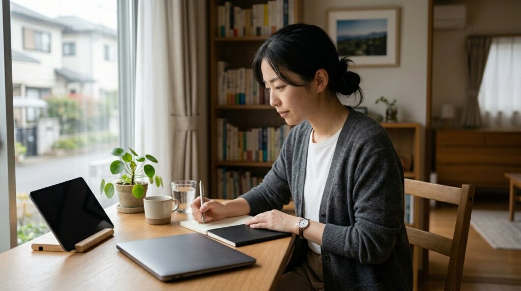 女性起業をテーマに、デスクでパソコン作業をしながらAIブログ運営に取り組む様子を表すイメージ画像