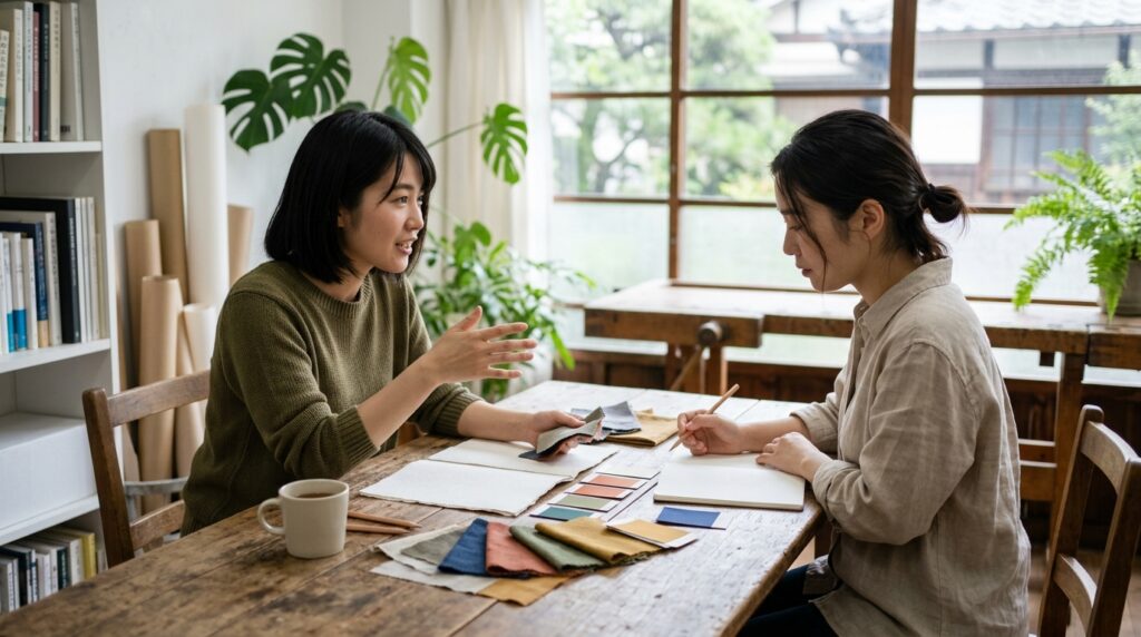 女性起業におけるセルフプロモーションや仕事の方向性について話し合う様子を表すイメージ画像