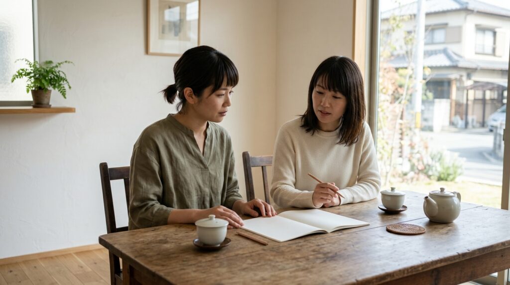 グルコンへの参加を検討しながら意見交換を行う女性たちを表すイメージ画像