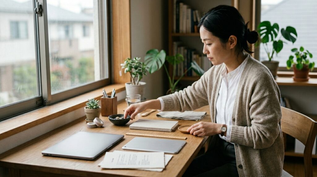 女性起業家が作業環境を整えながらSWELLで地図を埋め込む方法やサイト設定を進める様子を表すイメージ画像