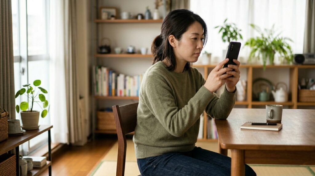 スマートフォンを確認しながら集客導線を考える女性の在宅ワーク環境を表すイメージ画像