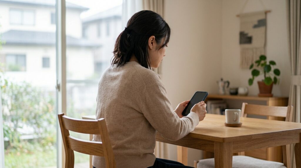 サーチコンソール削除が反映されるまでの時間を確認しながらスマートフォンを操作する女性起業家の様子を表すイメージ画像