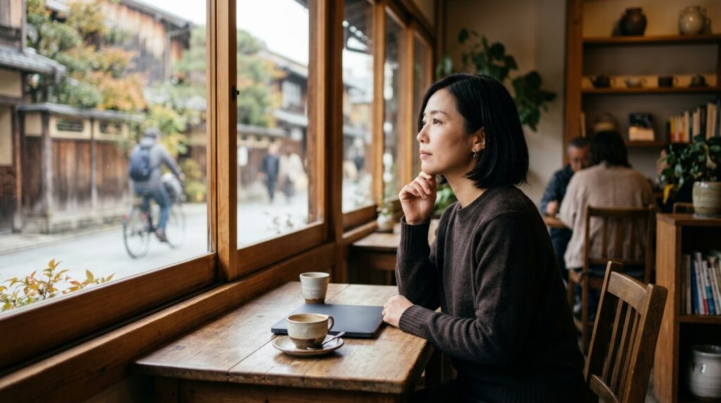 ブログ記事タイトルの決め方を考えながらカフェでアイデアを整理する女性起業家を表すイメージ画像