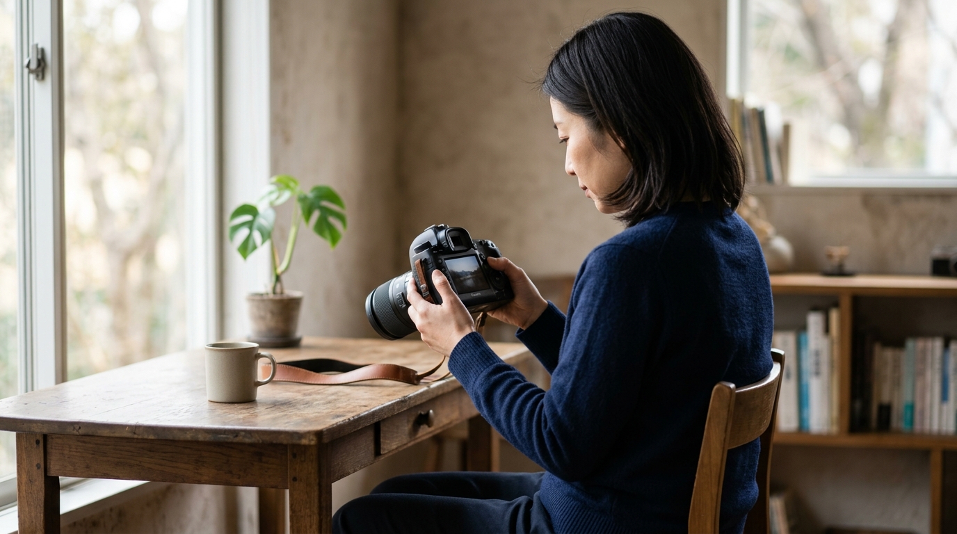 講師プロフィールの書き方を確認しながら、副業や起業に活かす自己紹介文を作成する女性のイメージ