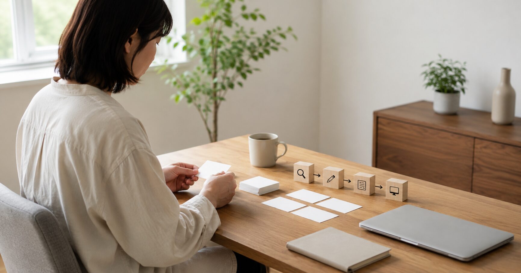 AIブログで稼ぐ仕組みと始め方を実践するため、収益化のポイントを整理している女性を表すイメージ画像