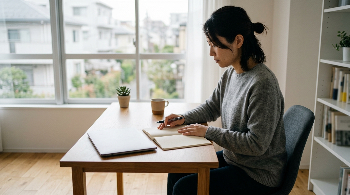 Famm webデザイナーは稼げない？と情報収集をしながら、在宅でスキル習得を目指す女性のイメージ画像